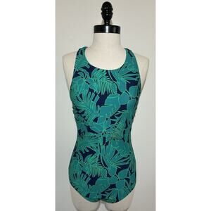 LANDS' END Green Palm Print One Piece Swimsuit Lined Adjustable Strap Womens S